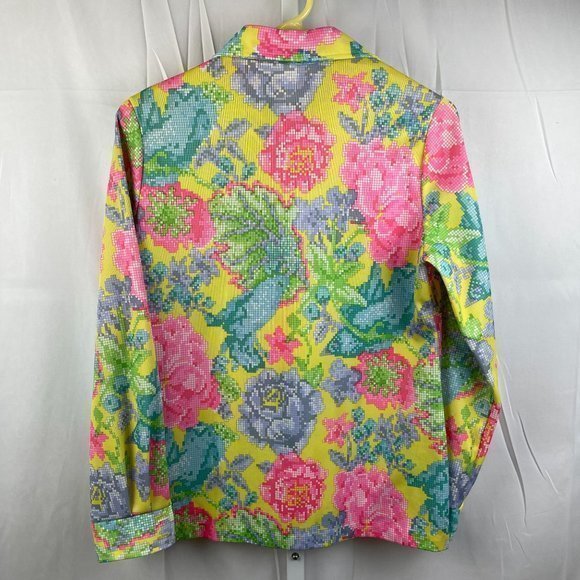 Womens Vintage 60s 70s Bright Pixelated Flower Floral Button Front Top Medium‎ - Picture 5 of 7